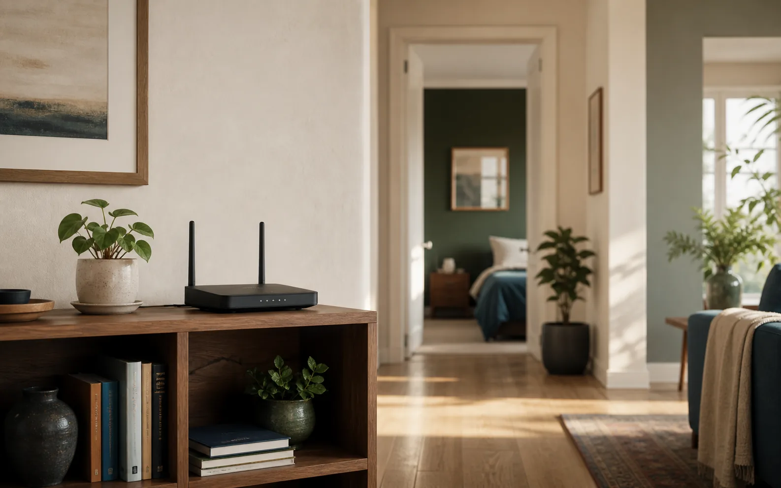 A Wi-Fi router placed on an open wooden shelf near the center of a home