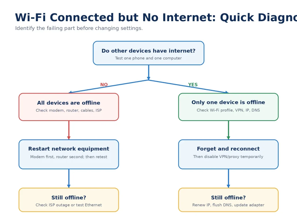 Wi-Fi connected but no internet troubleshooting flowchart