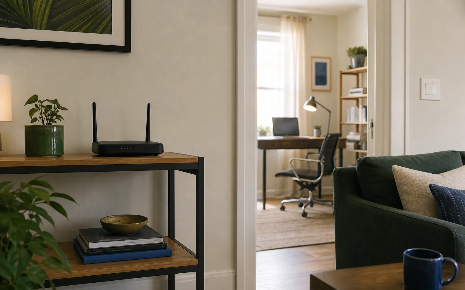 A wireless router in a living room with a home office visible through a distant doorway