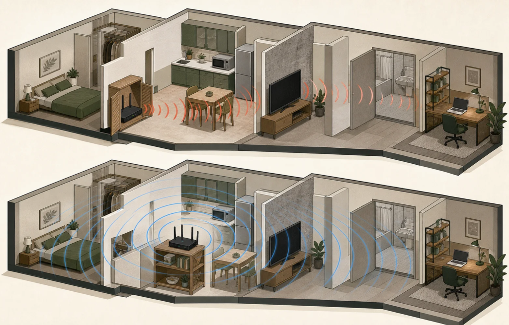 Cutaway apartment comparison showing obstructed and central router placement